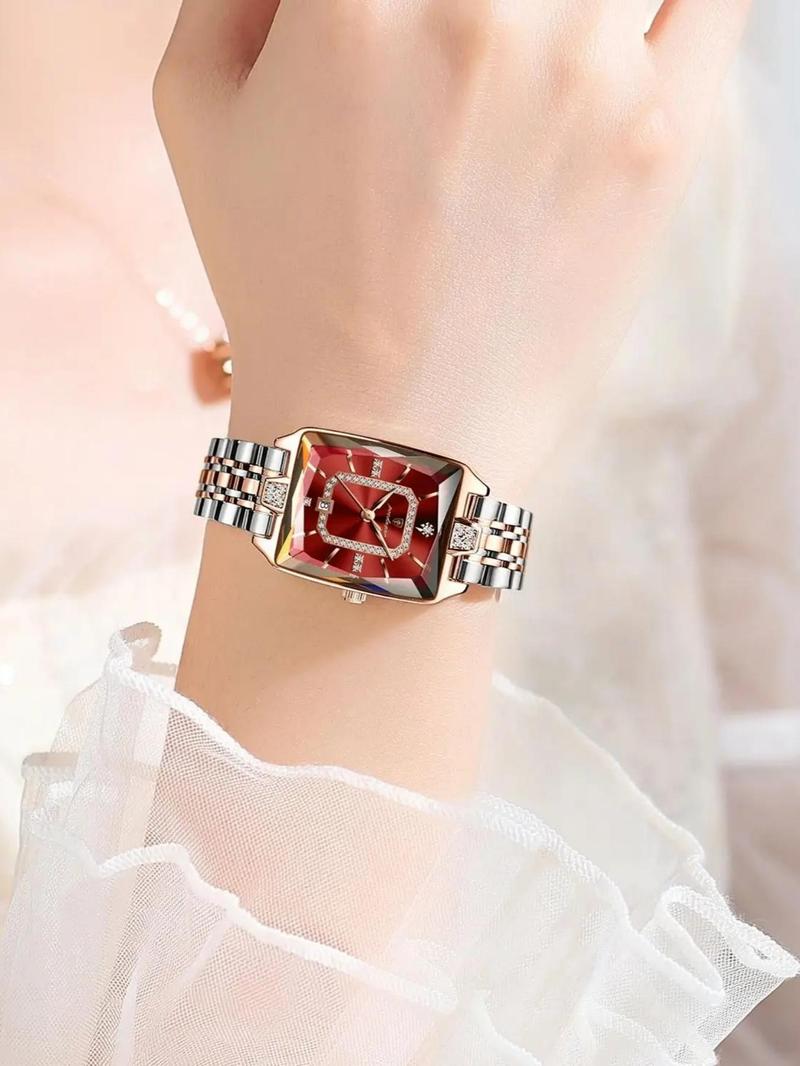 Women's Elegant Rectangle Dial Analog Quartz Watch, Exquisite Trendy Wristwatch, Fashionable Watch for Women As Gift with Box, Stainless Steel Watches