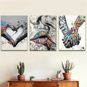3 pieces of graffiti art canvas prints - tattooed hands and abstract faces, vibrant street art designs for living room, bedroom, or office decoration, perfect gift for Mother's Day, Easter, and Valentine's Day, bedroom wall art |   Bold aesthetic works |
