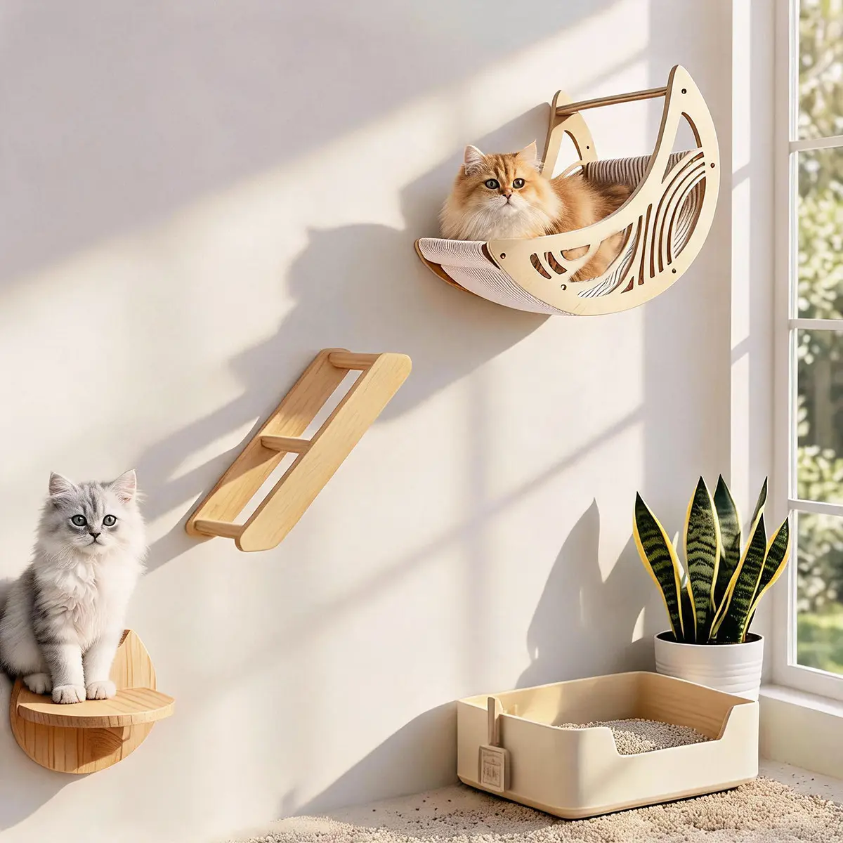 Wall-Mounted Moon Cat Hammock, Indoor Cat Climbing Frame, Wooden Cat Perch Stairs, Cat-Head Steps, Modern Wall-Mounted Cat Furniture, Includes Installation Tools and Instructions
