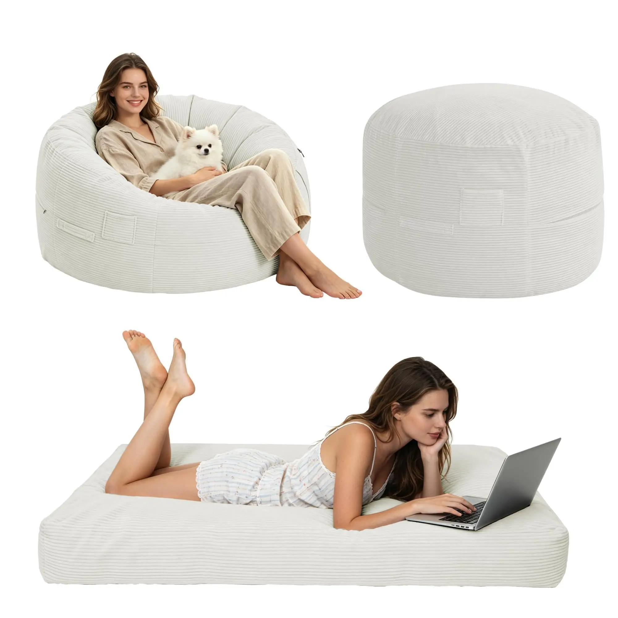 Convertible Bean Bag Chair Bed – Sofa to Mattress, Corduroy Lounger for Adults, Dorm Room, Guest Sleepover & Movie Night