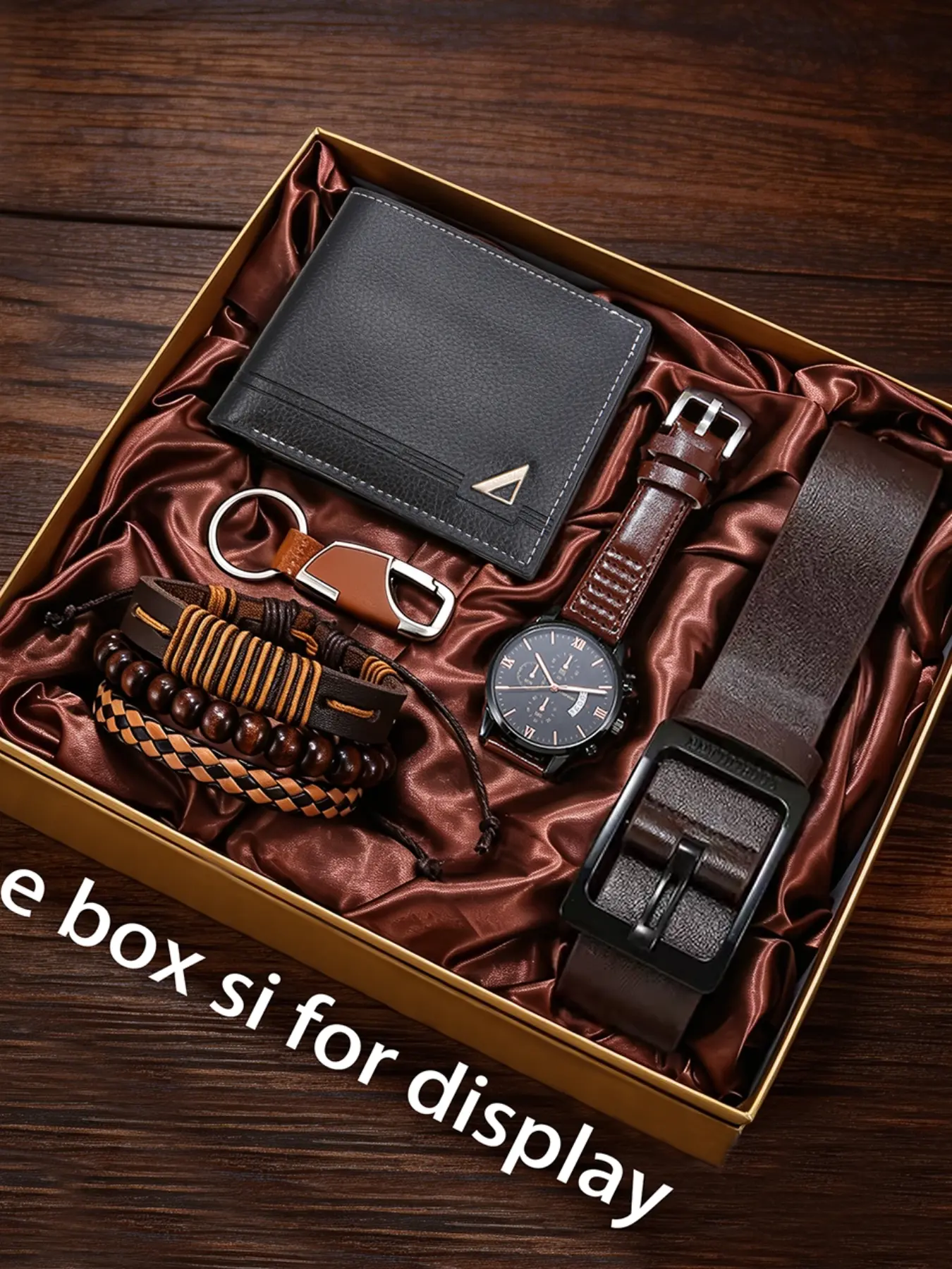 7pcs Men's Accessory Set, Vintage Luxury Belt Wallet Watch with Quartz Movement Bracelet Keychain, Holiday Gifts for Father's Day Christmas Valentine's Day