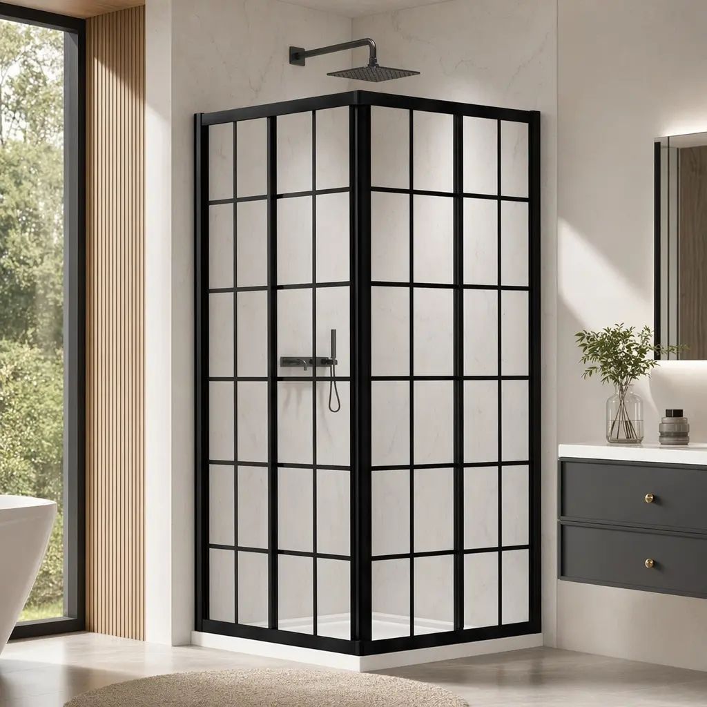 ARCH Matte Black Aluminum Alloy Sliding Shower Door, 34.625" x 72" Neo-Angle Pivot Enclosure, 1/4" Tempered Clear Glass with Black Lines, Magnetic Seal, Anti-Leakage, Stainless Steel Support Bar