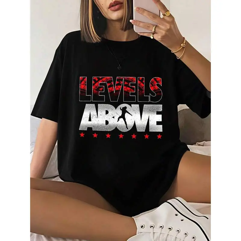Levels Above Graphic Tees, 100% Cotton Women's Graphic Tee, Red Black Geometric Pattern Summer Tops