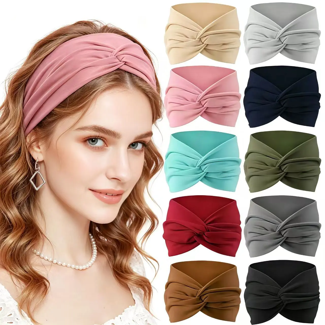 Twisted Knot Turban Headbands for Women, 10 Pack in Random Colors, Soft Elastic Hair Securing Wraps for Workout Gym, Turbans Wrap, 10 Assorted Colors