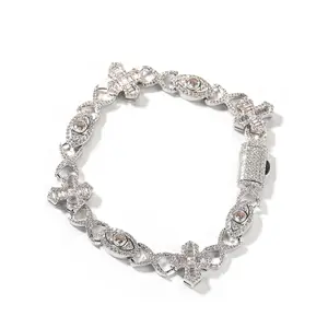 Cross Evil Eye Infinity Charm Cuban Chain Bracelet Necklace, inlaid with 5A grade high-shine zircon, ice-colored gold-plated, a fashionable, simple, and sophisticated choice for men (Silver)