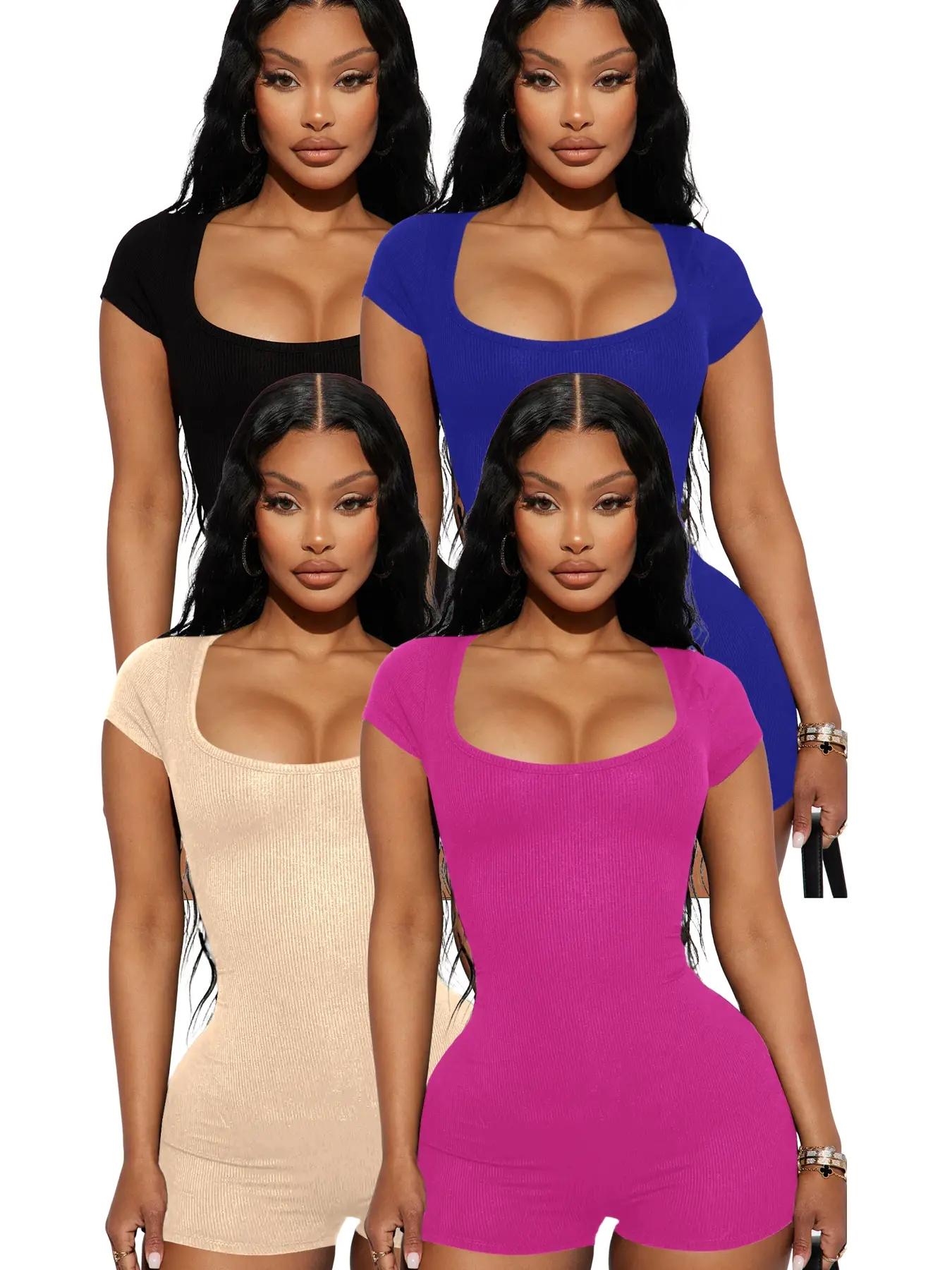 Women's Solid Scoop Neck Skinny Romper, Casual Short Sleeve Bodycon Romper, Lady's Summer Clothes for Daily Wear