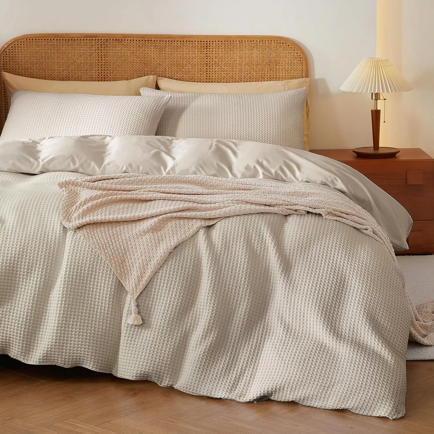 100% Cotton Duvet Cover Set Queen Size, Waffle Weave Duvet Cover, 600 TC Soft Breathable Luxury Bedding Set for All Season, 3 PCS, 1 Duvet Cover and 2 Pillowcases, Light Beige, 90"x90"