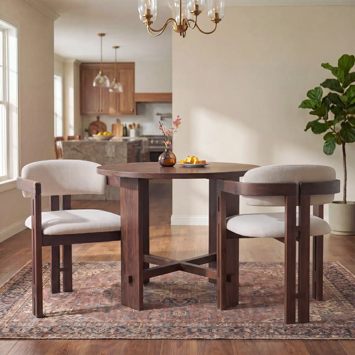 AobtkelIndoor Solid Wood Round Back Dining Chair, Walnut, Set of 2