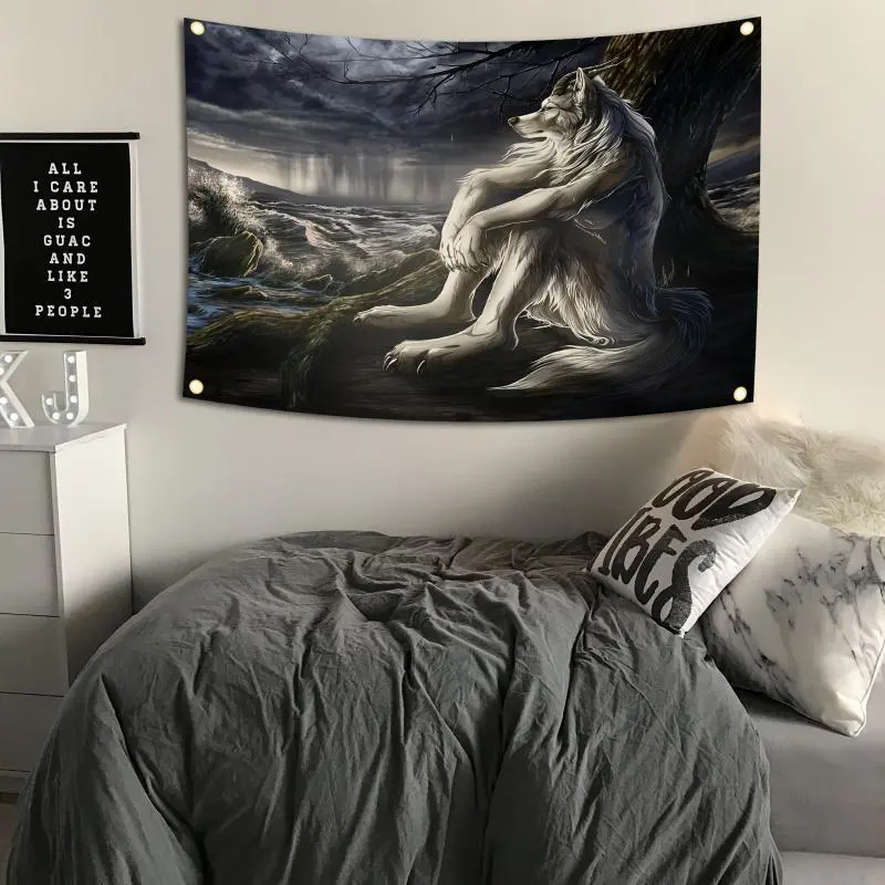 Wolf Tapestry Wall Hanging - Animal Art Decor Banner, Men's Room Home Accessories