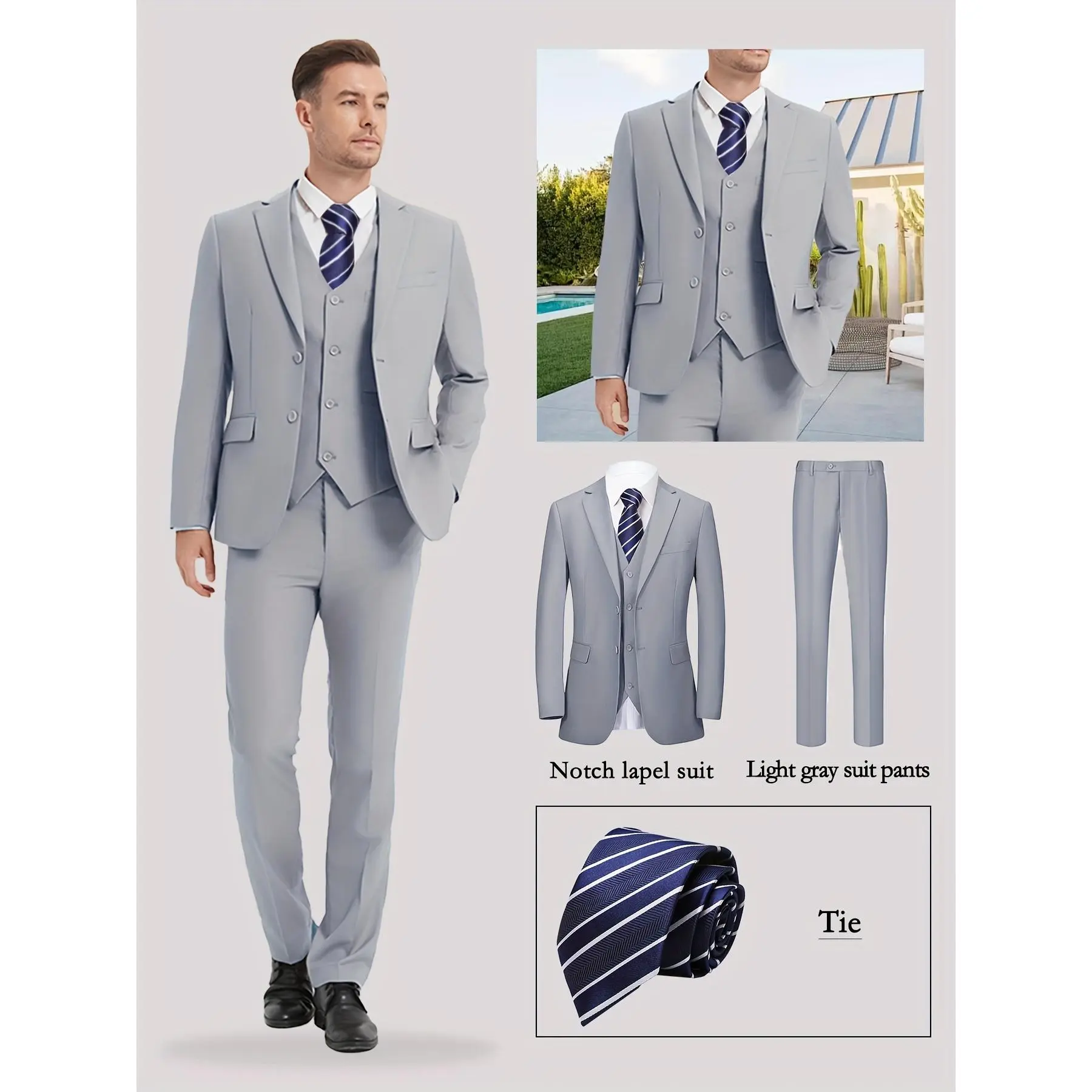 Men's 4-Piece Solid Polyester Suit - Regular Fit Formal Workwear, Menswear with Long Sleeve & Included Tie for Special Occasions, Rayon, Matching, Blazer, Viscose, Trouser, Striped, Stylish, Vest, Evening