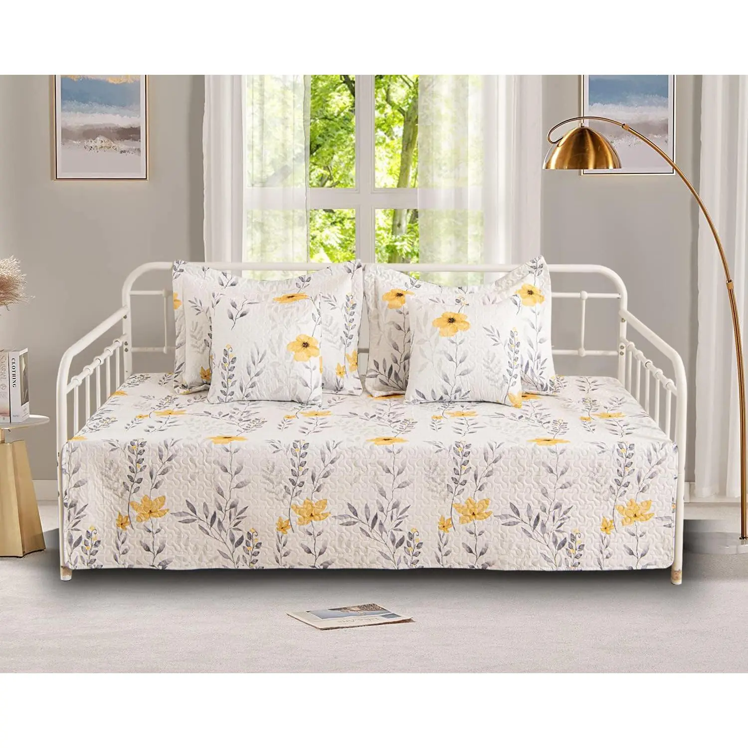 5-Piece Floral Daybed Cover Set Twin Cozy All Season Lightweight Bedding Comforter Bedspread Set with 4 Pillow Shams 39"x75"