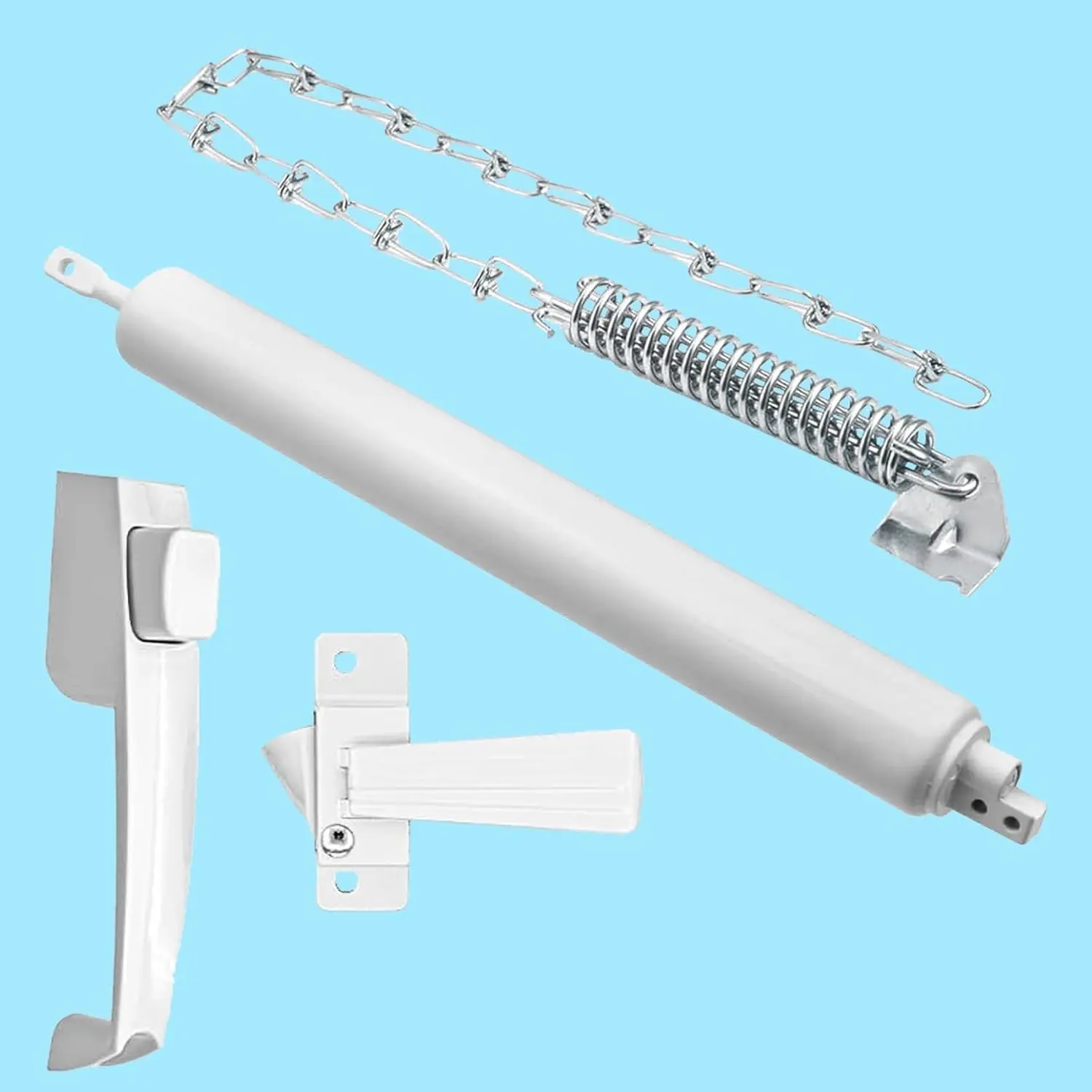 Pneumatic Door Closer Kit for Screen and Storm Doors, Includes Push Button Latch and Protector Chain Spring (White All-in-One, 1 Set)