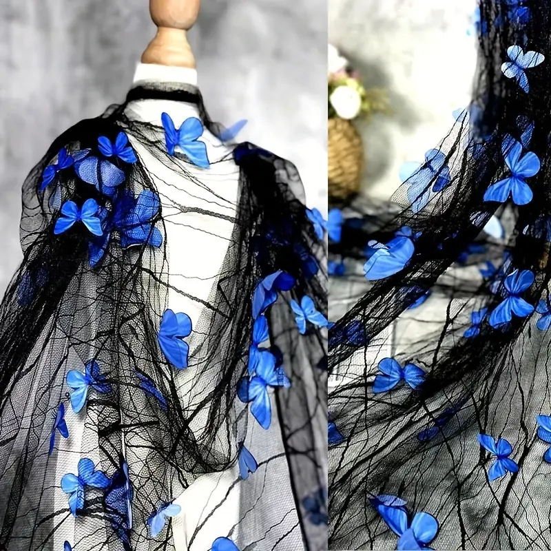 1PC Black Sheer Mesh Tulle Fabric With 3D Vivid Blue Butterfly Applique, Airy Transparent Net Cloth, DIY Sewing Material For Dark Fairy Gown, Goth Cosplay, Photoshoot Backdrop & Evening Party Dress