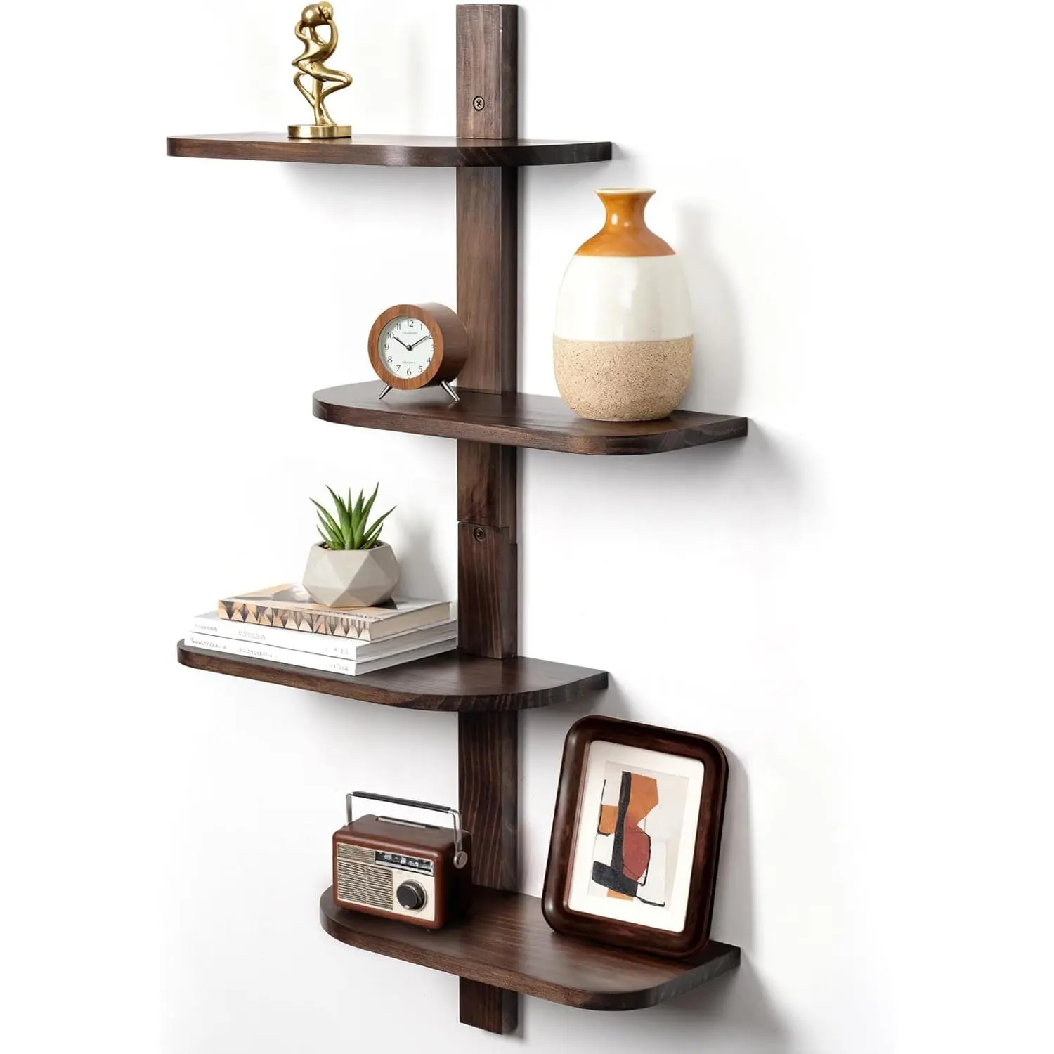Walnut Floating Shelves for Wall, Mid Century Modern Decor Shelf Unit | 4 Tier Display Shelf Unit, , Solid  Decorative Shelving,  Decor, for Living Room, Bedroom, Coffee Bar, Bathroom