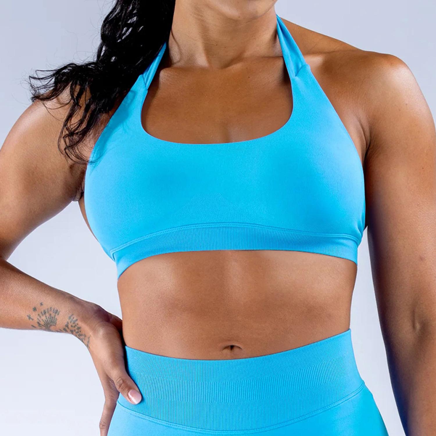 Seamless High Stretch Halter Sports Bra, Ultra Soft Matte Nylon Backless Criss Cross Workout Bra for Yoga Fitness