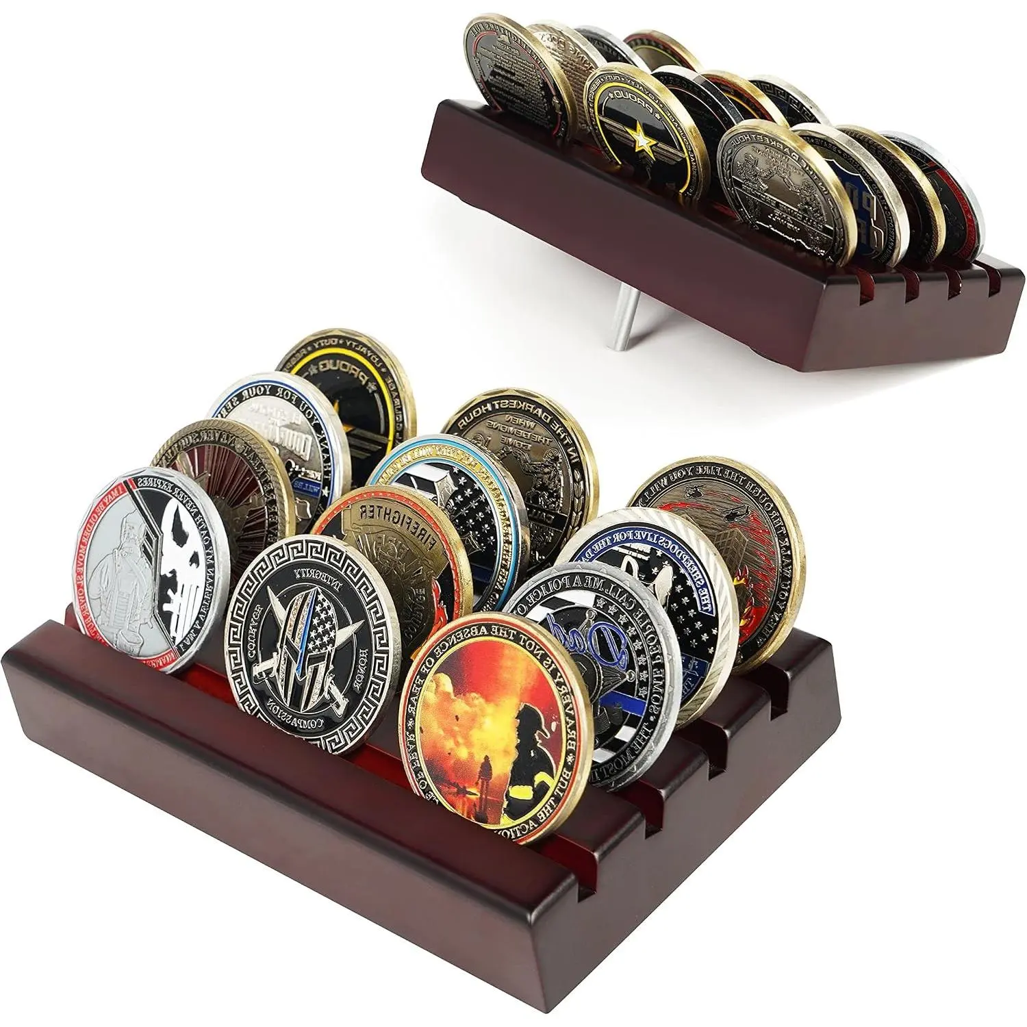 Challenge Coin Holder Display Case 4 Row Solid Wood Military Coin Rack Small Army Coin Stand Holds 12 Coins, Mahogany Finish.
