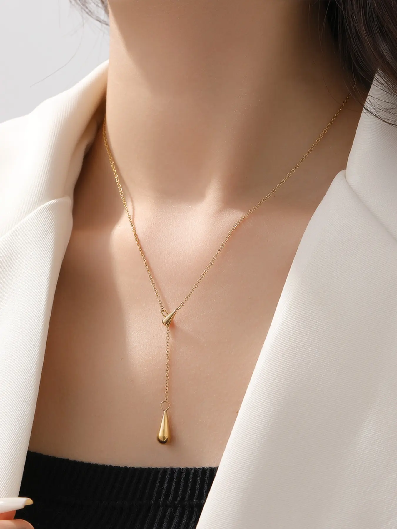 Adjustable Y-Shaped Teardrop Necklace, 14k Dual Tear Drop Pendant Lariat, Minimalist Layered Collarbone Jewelry for Women