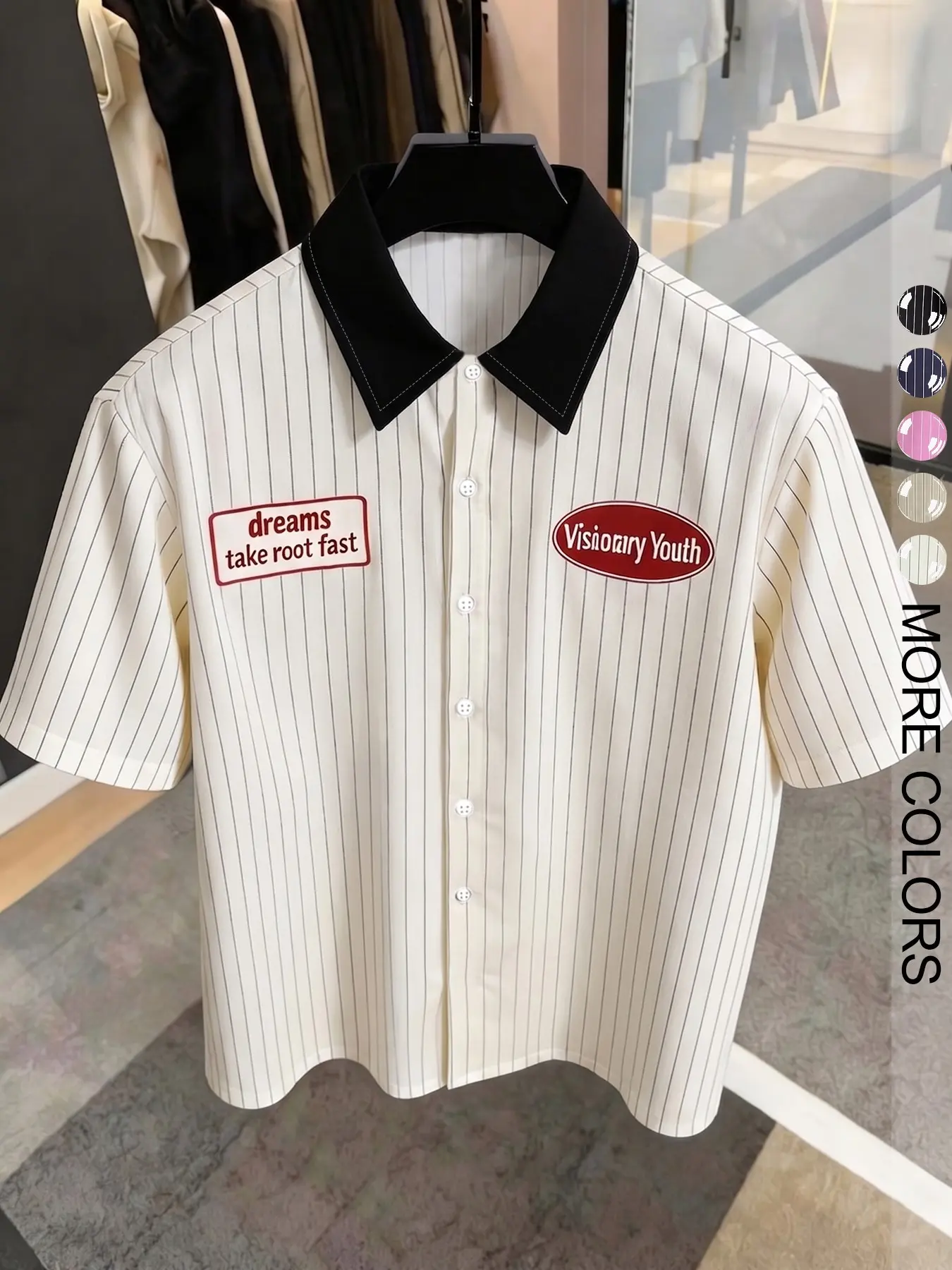 Men's Preppy Button Down Shirt With Contrast Black Collar, Vertical Stripe & Letter Print, Striped, Short Sleeve, Classic Collared Shirts, Classic Menswear For Weekend Trips, Daily Commute And Casual Activities, Casual Fashion Shirt
