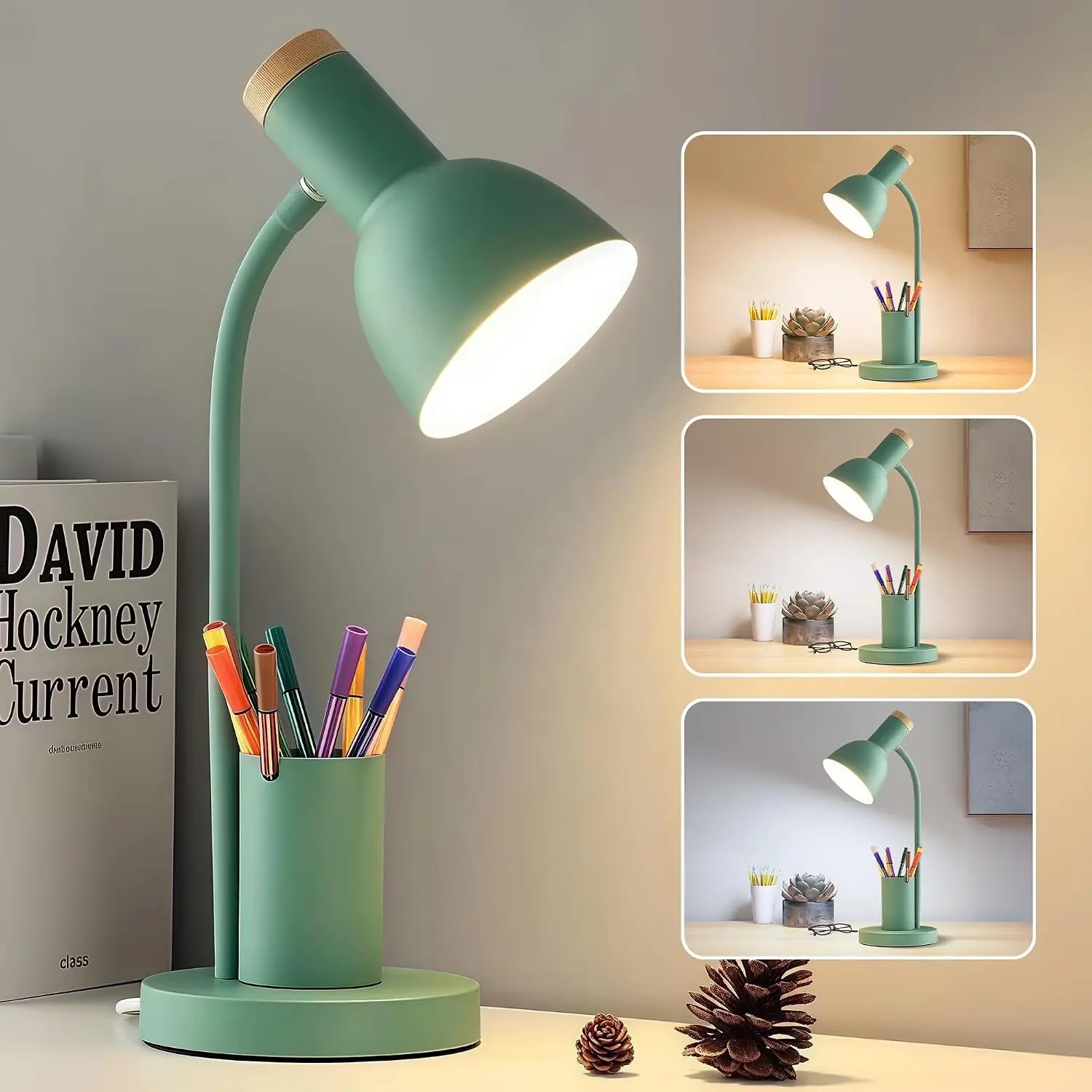 LED Desk Lamp for Home Office, Table Lamp with Pen Holder, 3 Color Modes Reading Light, Eye-Caring Desk Light with Gooseneck, Metal Study Lamp for Dorm Bedside Bedroom (Green Lamp)Gift.