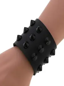 Solid Black Matte Cone Spike Wide Punk Bracelet, All PU Leather Adjustable Snap Gothic Wristband, Unisex Dark Aesthetic Streetwear Stackable Jewelry for Men Women, Ideal for Rock Concert, Halloween & Birthday Holiday Gift