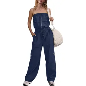 Casual Strapless Jumpsuits Off the Shoulder Rompers Wide Leg Cargo Pants Overalls Loose Fit One Piece Outfits