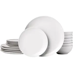 18-Piece Complete Kitchen Dinnerware Set, Microwave and Dishwasher Safe, Plates, Dishes, Bowls for Everyday Use, Service for 6, White Porcelain Coupe