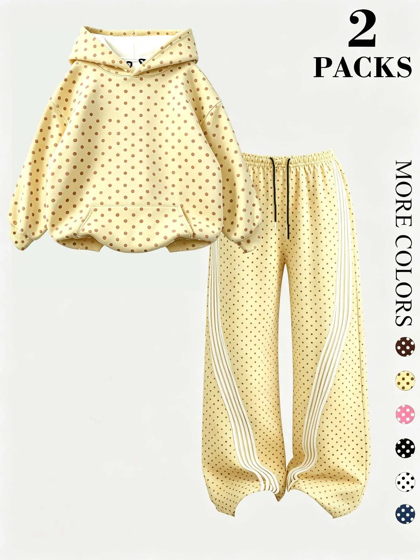Casual Polka Dot Sportswear Set, Hooded Sweatshirt with Kangaroo Pocket, Striped Drawstring Pants, Soft Fabric, Multi-Color Options