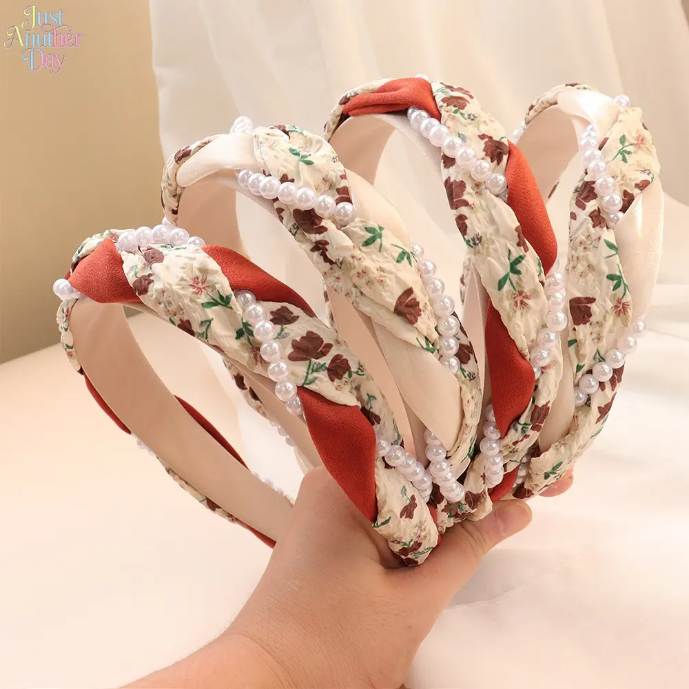 2Pcs Vintage Floral Twisted Pearl Wide Headbands Women French Cottagecore Fabric Braided Hair Hoop Elegant All-match Hair Accessories For Spring Daily Travel Picnic Dating