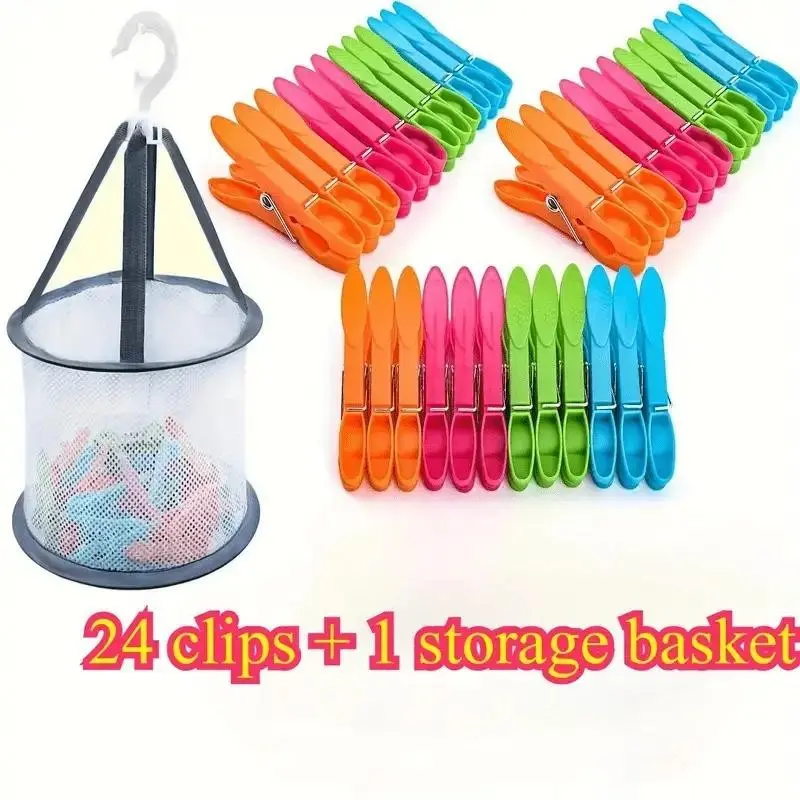 1 Basket + 24 Colorful Plastic Clothes Pins, Wind-Resistant Strong Grip Laundry Clips, Non-Slip Washing Line Hooks, Durable Lightweight Plastic