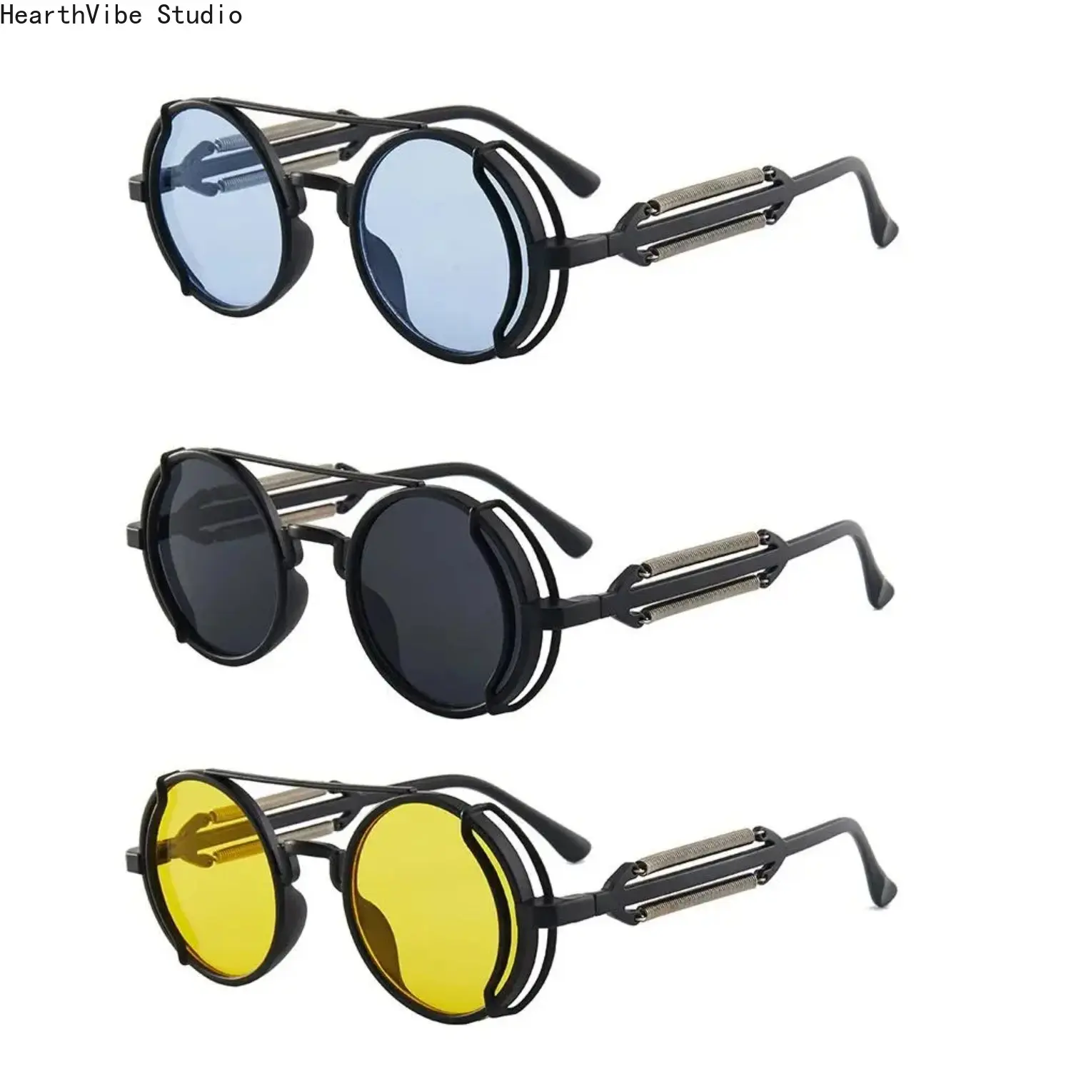 1/3pcs Gothic Steampunk Circular Sunglasses for Women Men, Retro Double Bridge Metal Frame with Spring Temples, UV400 Polarized Tinted Lens Glasses, Unisex Cyberpunk Rave Festival Statement Eyewear