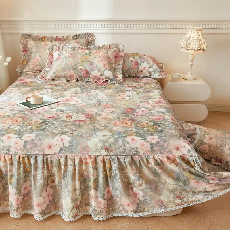 3pcs Vintage Rose Bed Skirt Set, Double Layer Lace Ruffle Washable Mattress Protector, Floral Print Bedding, 1Pc Bedskirt+2Pcs Pillowcases Single Double Queen King Size Printed Bedding Set Ruffled Bedding Set