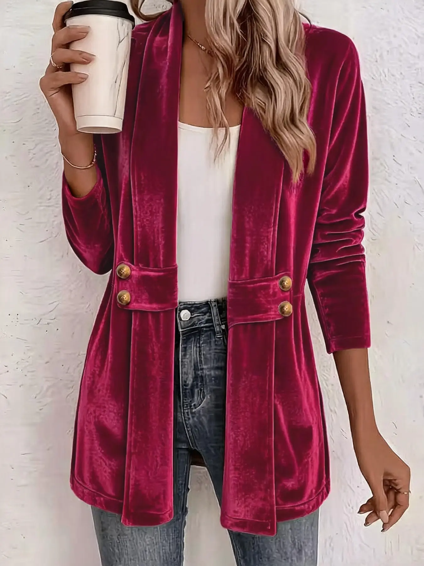 Women's Velvet Coat Autumn Loose Commuter Mid-Length Cardigan, Elegant Slimming Casual Gold Velvet, Stylish Outerwear for Fall