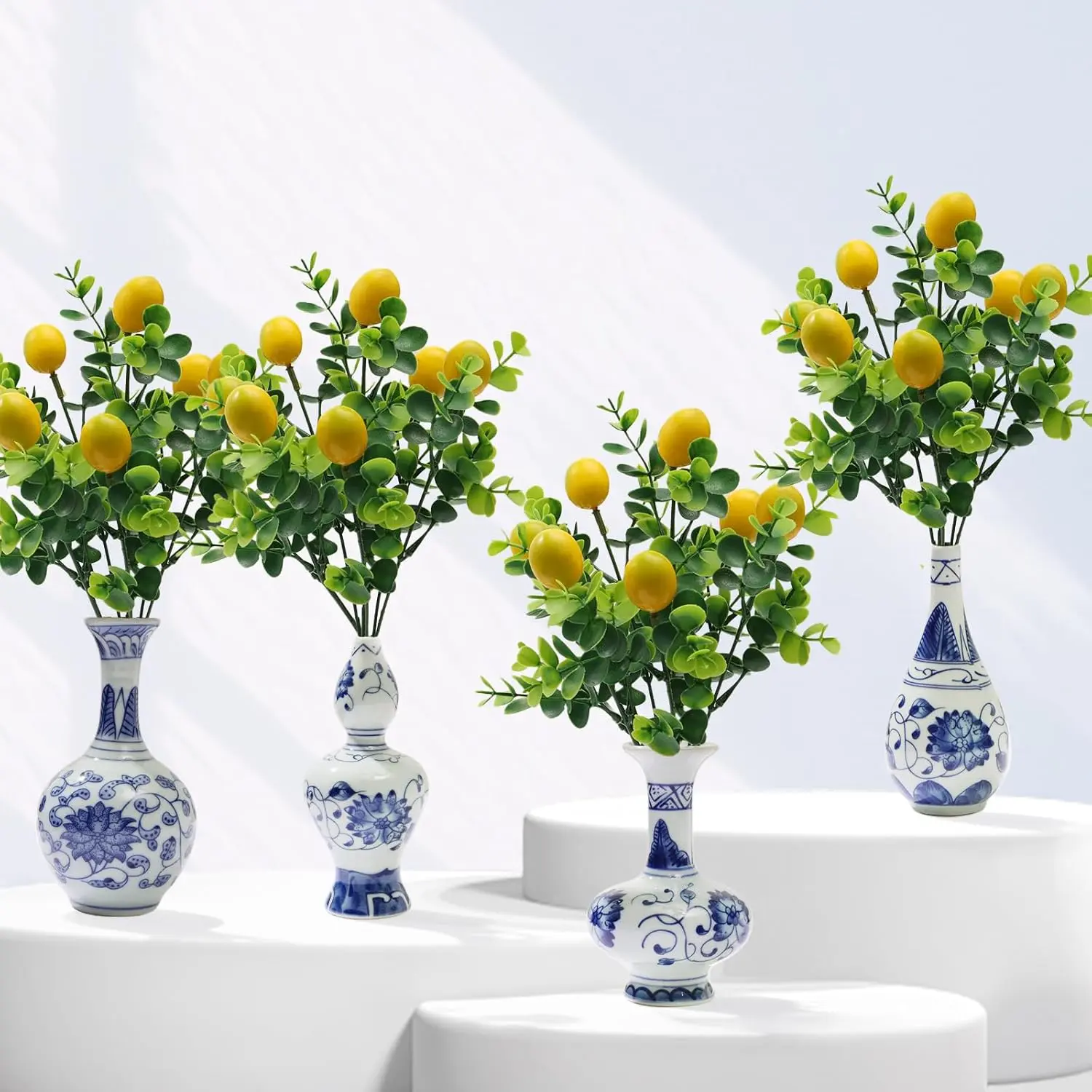 Amalfi Coast Party Decorations, 4 Bunches Artificial Lemon Table Centerpiece and 4 Porcelain Blue White Vases for Mediterranean Wedding Baby Shower, Capri Italian Themed Birthday Party Decor
