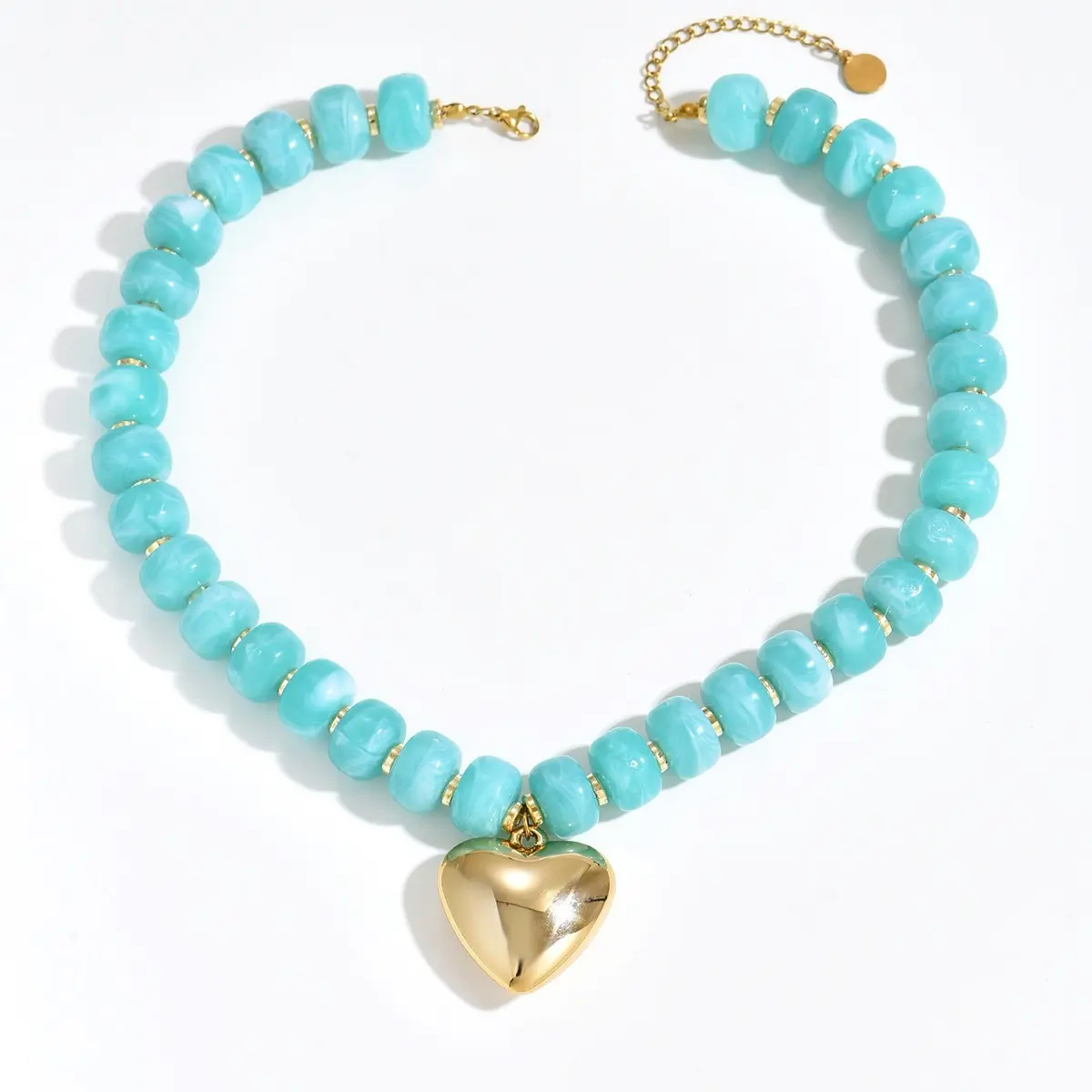 Women's Bold Bohemian Turquoise Beaded Choker Necklace - Gold Heart Pendant, Adjustable Chain, Casual Chunky Metal-Coated Jewelry, Unisex Costume Accessory, Chain & Link, Blue Gemstone Necklace, Beaded Necklaces