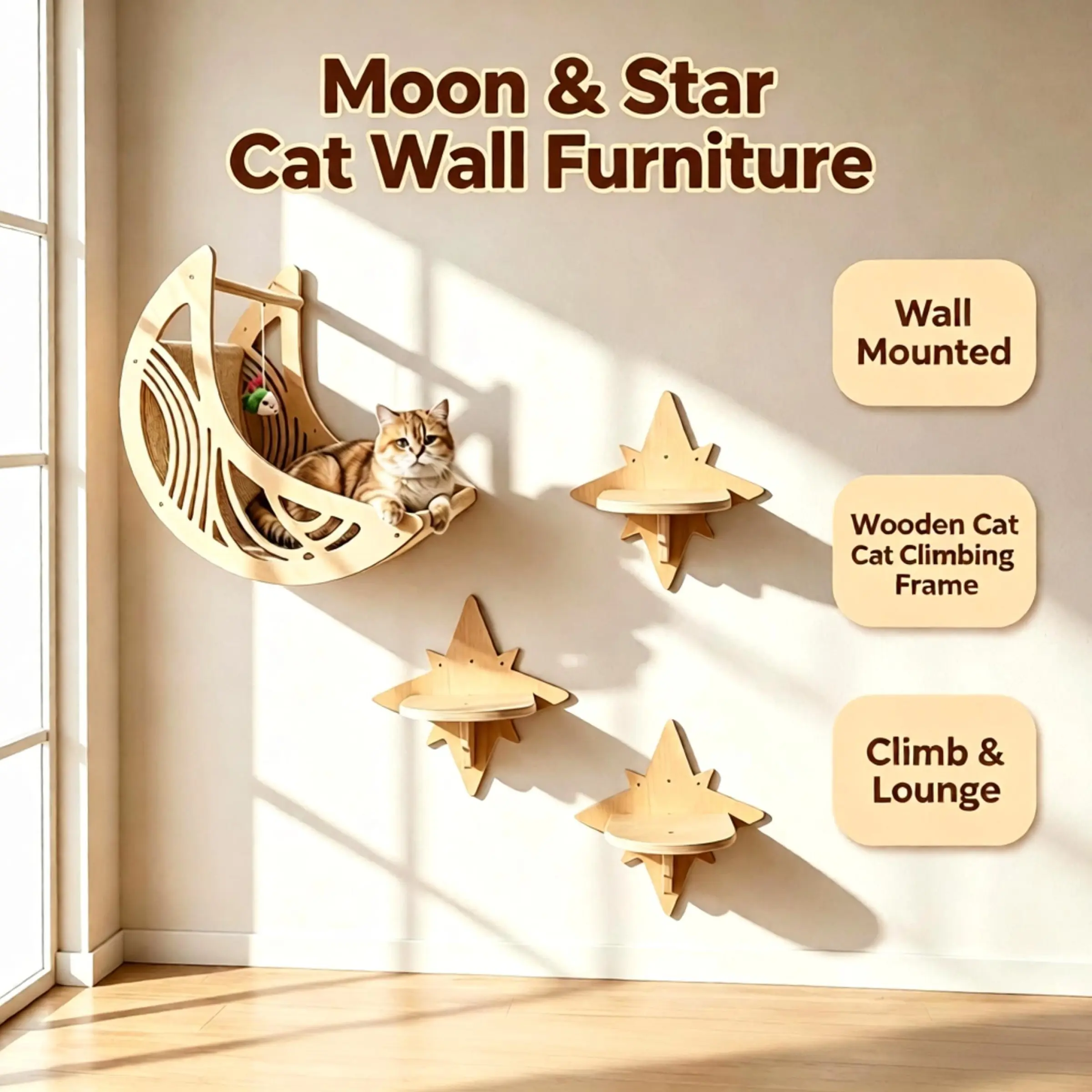 Wall-Mounted Cat Climbing Frame Set, Home, Crescent Nest with Star Step, Play and Rest, Easy Installation, Prevents Furniture Scratching, Cat Exclusive