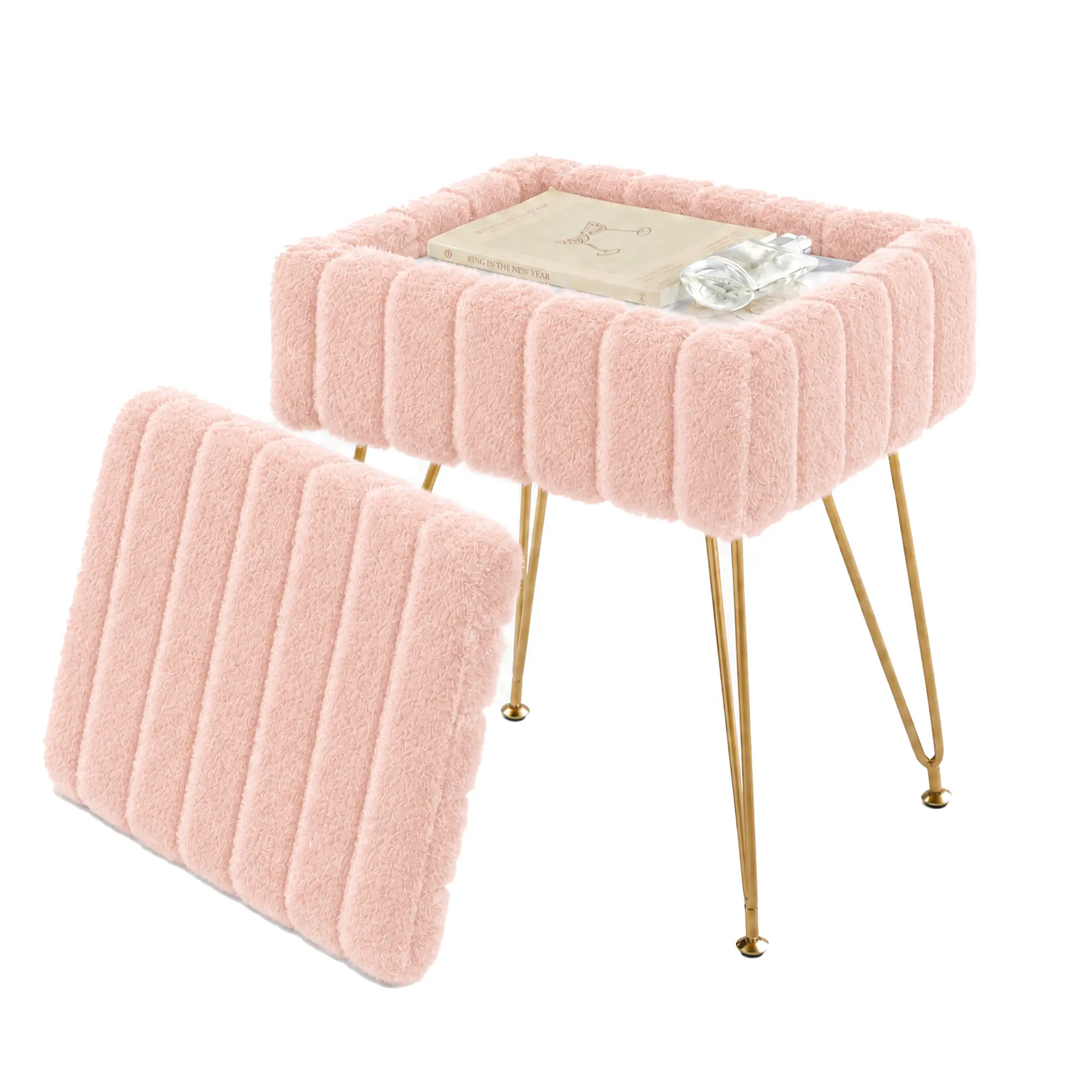 Storage Ottoman Stool Soft Fleece Vanity Chair with Gold Metal Legs 8L Hidden Organizer for Bedroom Living Room Makeup Area Modern Home Decor