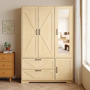 ARCH 4-Door Wardrobe Closet with Mirror and LED Lighting, Wooden Storage Cabinet with Hanging Rod, 2 Drawers, Adjustable Shelves, Natural Finish, Freestanding Armoire for Bedroom, Hallway, or Living Room Organization, Living Room Table for Sofa