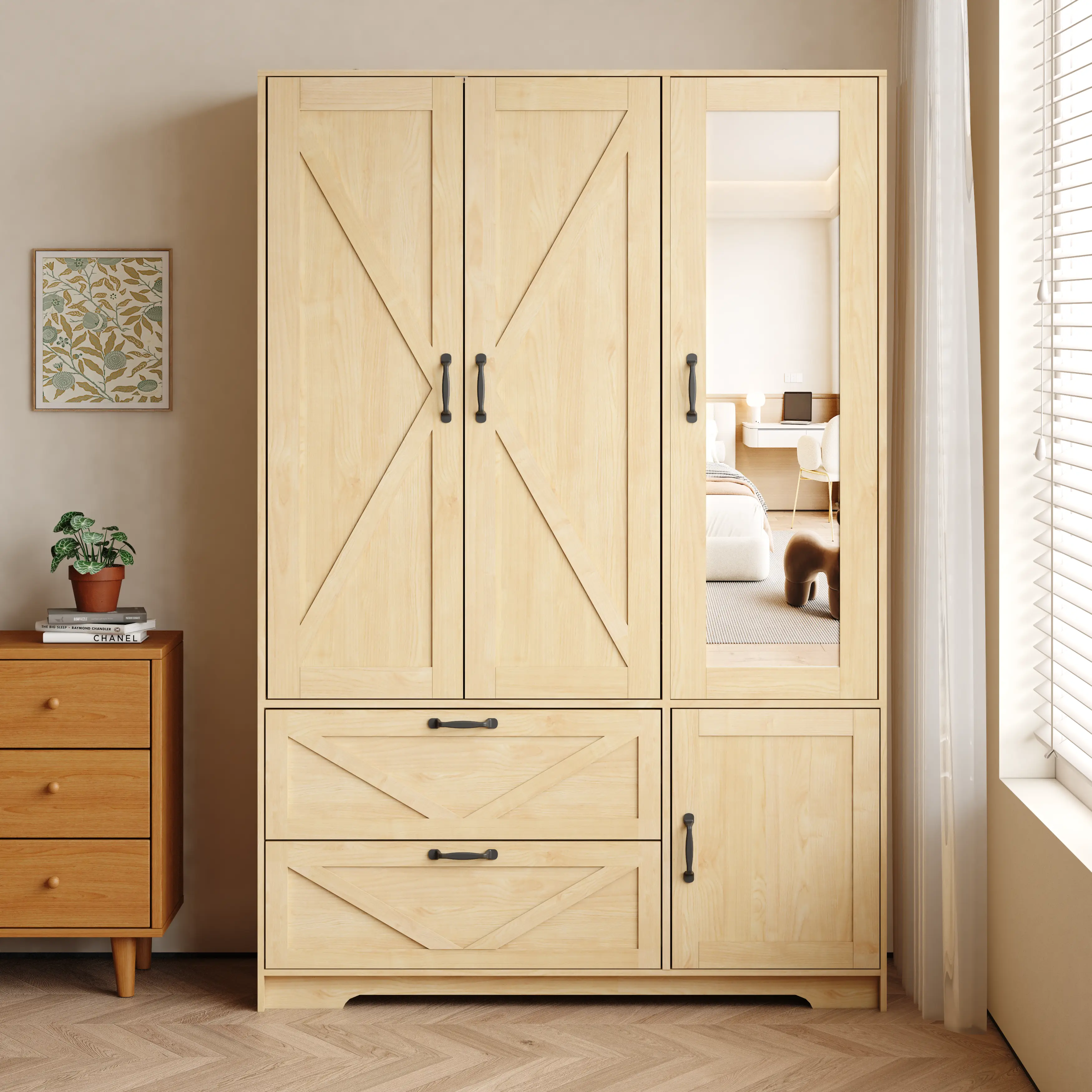 ARCH 4-Door Wardrobe Closet with Mirror and LED Lighting, Wooden Storage Cabinet with Hanging Rod, 2 Drawers, Adjustable Shelves, Natural Finish, Freestanding Armoire for Bedroom, Hallway, or Living Room Organization, Living Room Table for Sofa