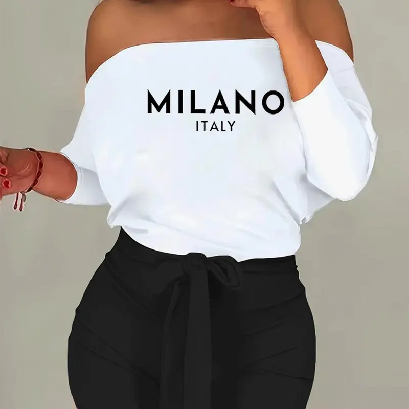 I8016m52 New European Style Colorblock One-Shoulder Tie Print Two-Piece Set, Skirt Top Sets, Casual Regular Length, All Seasons, Plain Surface, Fashion Clothes Set