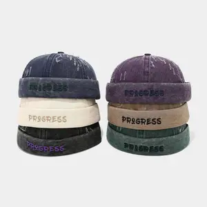 Vintage Distressed Denim Brimless Docker Hat, Frayed Embroidered Cuff Cap, Y2K Streetwear Beanie for Men & Women