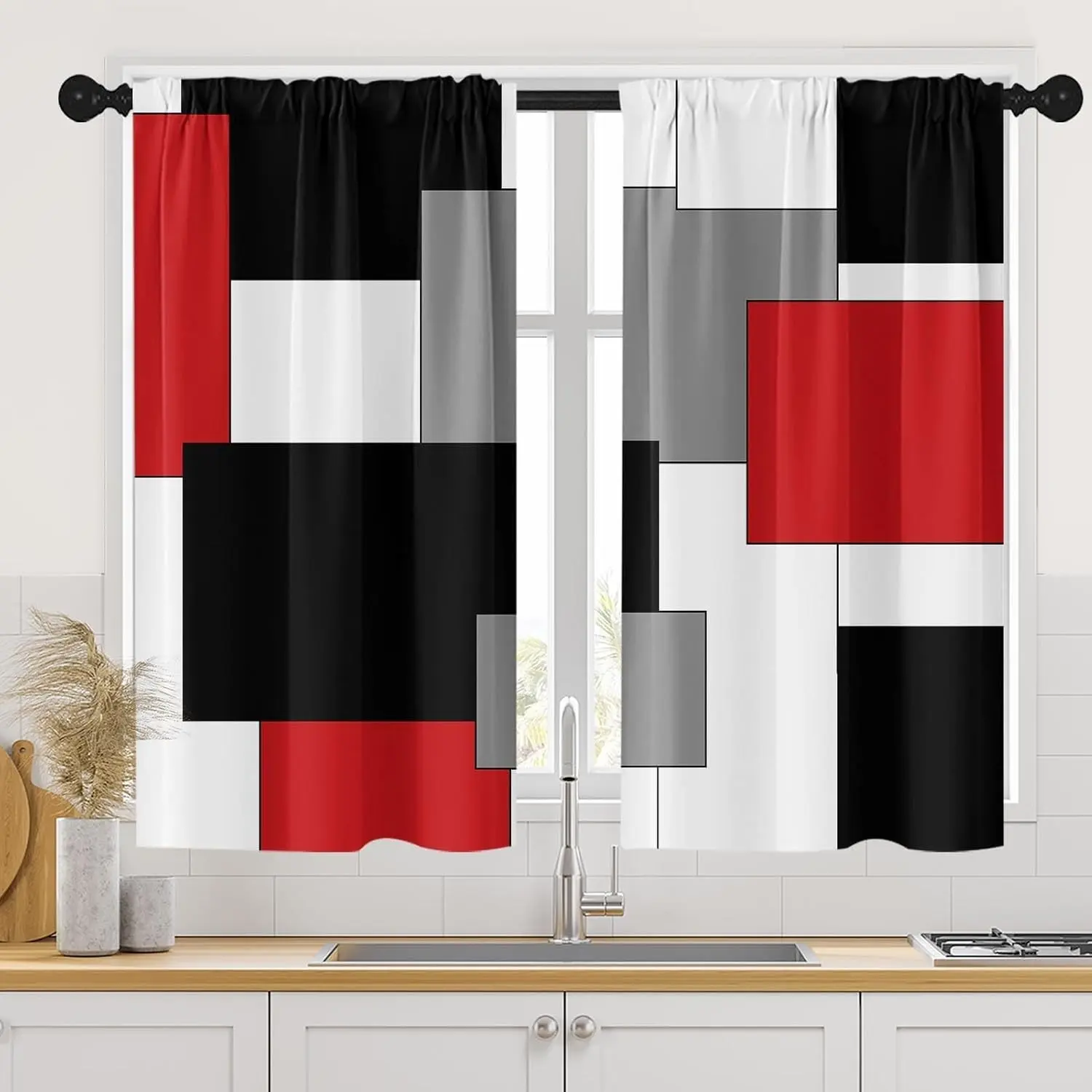 Red Kitchen Short Tier Curtains 45 Inch Length Set of 2, Black Grey White Modern Abstract Geometric Art Window Curtains for Over Sink Kitchen Decor, 34x45 Inch