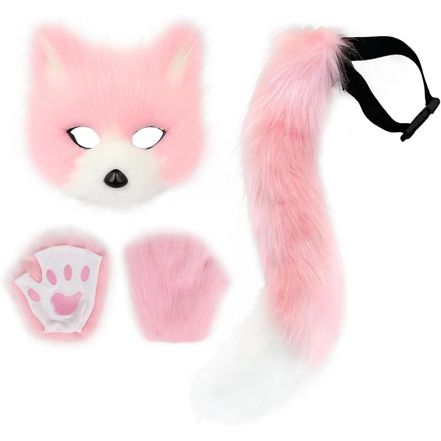 Faux Fur Fox Tail Cat Wolf Set with Plush Mask and Fluffy Paw Gloves, Halloween Christmas Party Costume for Women