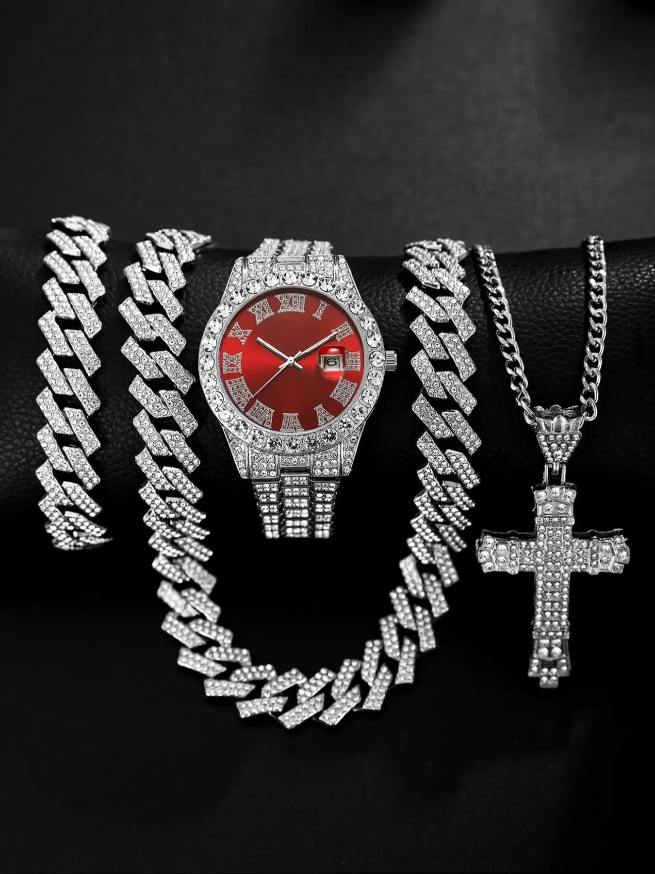 4pcs Stylish Men's Quartz Watches, Punk Cuban Chain Cross Necklace and Bracelet, Jewelry Set, Chunky Jewelry Set, Multiple Colors, Perfect Gift for Holidays
