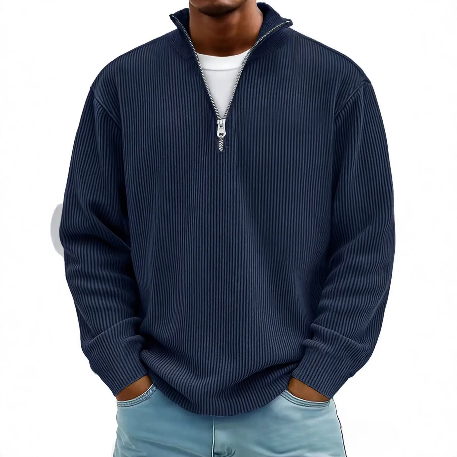 Men's Autumn 2026 Euro-American Style Casual Pullover: Stand-Collar Zip-Front Corduroy Long-Sleeve Polo Shirt (Business Casual)