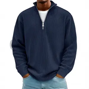 Men's Autumn 2026 Euro-American Style Casual Pullover: Stand-Collar Zip-Front Corduroy Long-Sleeve Polo Shirt (Business Casual)