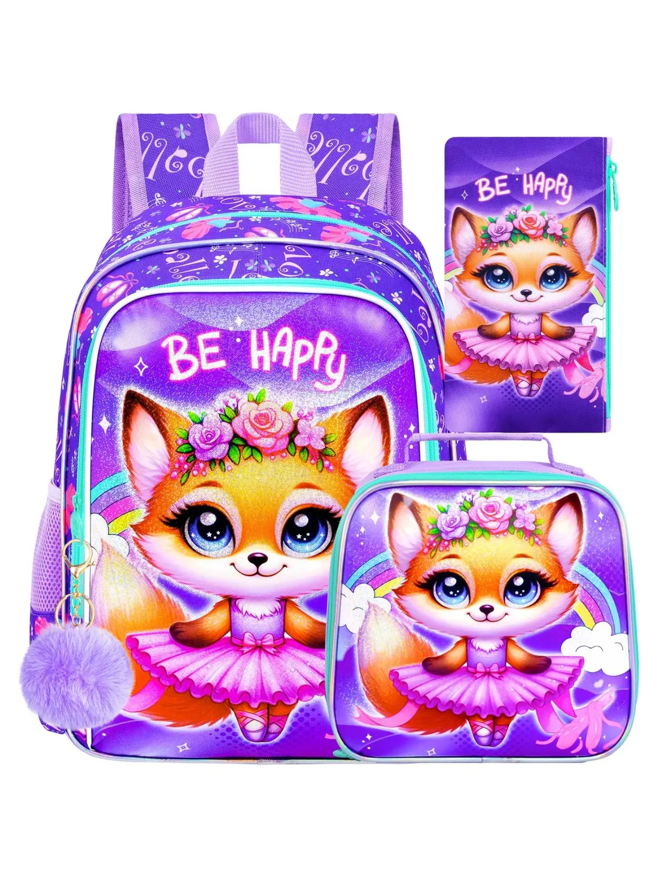 3 Piece Kids Backpack Set, Cute Ballet Fox with Flower Crown, Rainbow Notes Cartoon School Bag, Zip Closure, All Seasons Use, for Christmas, Kawaii Backpack