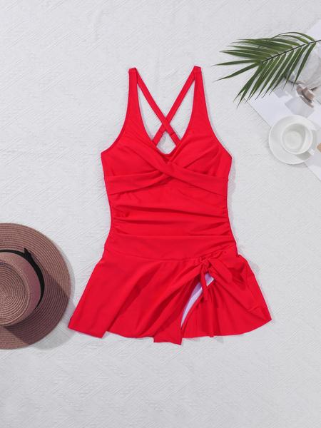 Women's 2 in 1 Criss Cross Ruched Knot One-Piece Swimsuit, Solid Color Sleeveless V Neck One-Piece Swimwear for Beach Holiday Vacation, Ladies Swimsuit for All Seasons