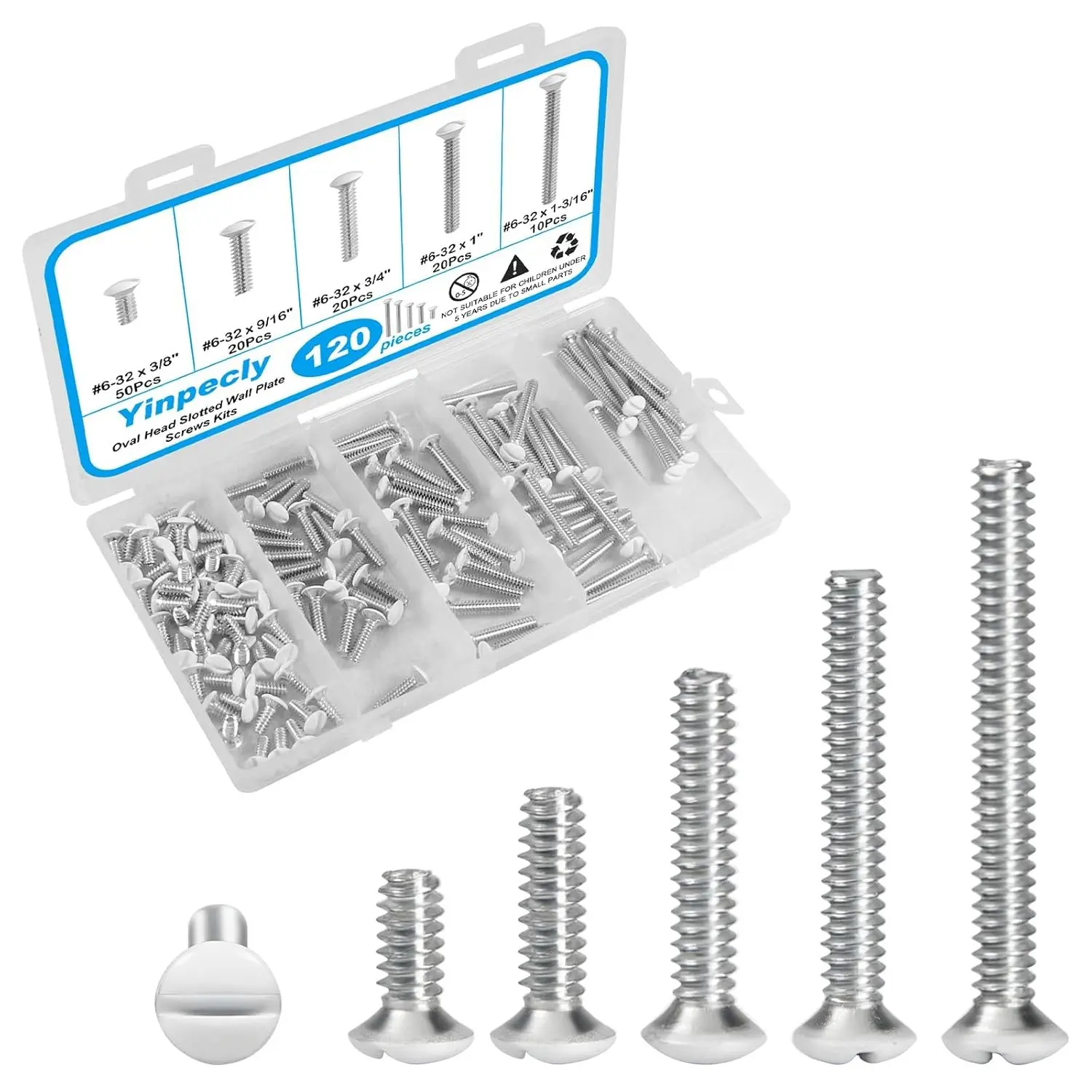 120 PCS White Wall Plate Screws Kit, White Outlet Screws 6-32 Thread Electrical Cover Panel Switch Plate Screws 5 Length Sizes (3/8", 9/16", 3/4", 1", 1-3/16")