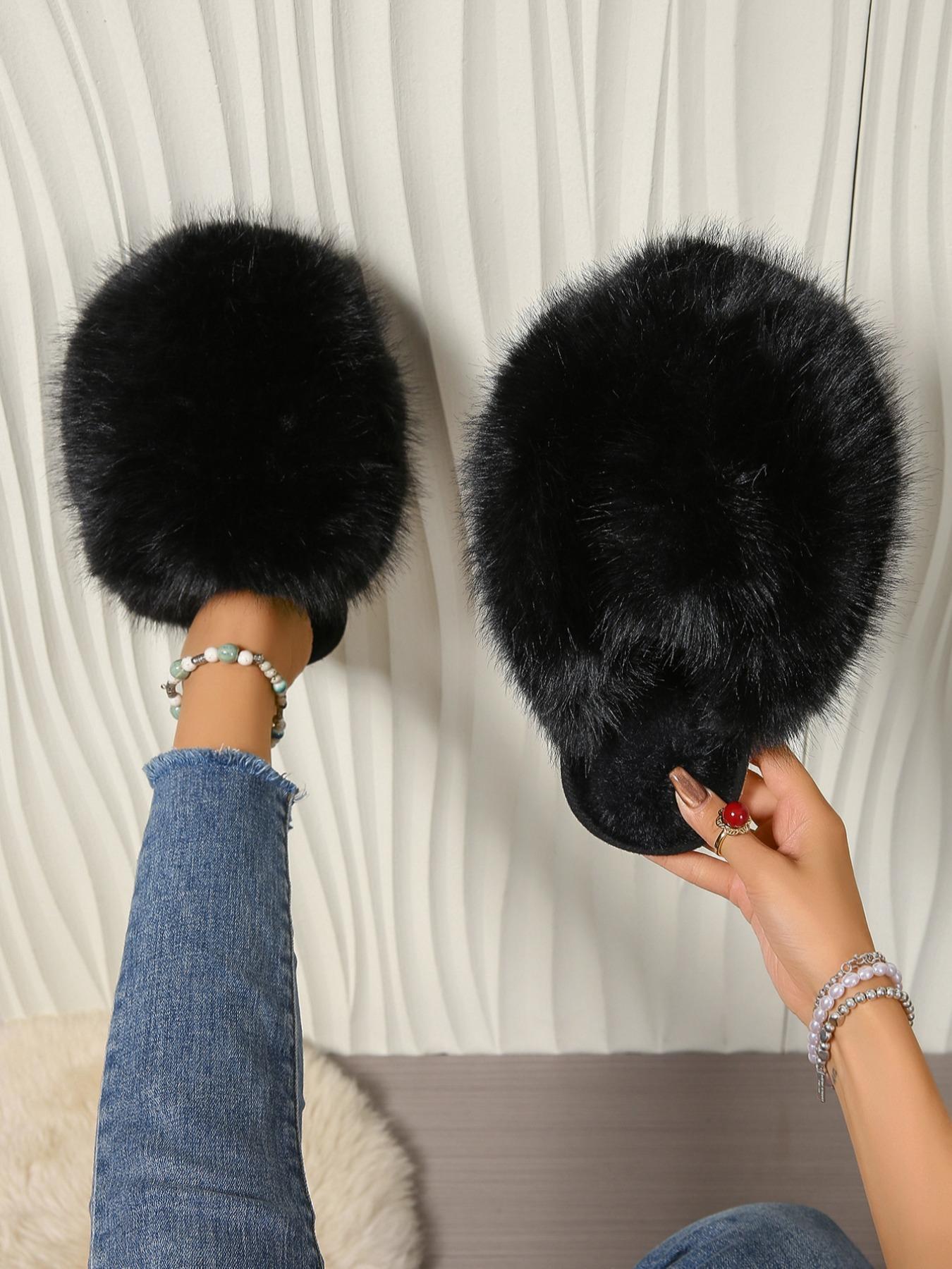 Women's Solid Color Fluffy Plush Slippers, Casual Soft Comfortable Home Slippers, Warm Slippers for Indoor & Outdoor Use for Fall & Winter