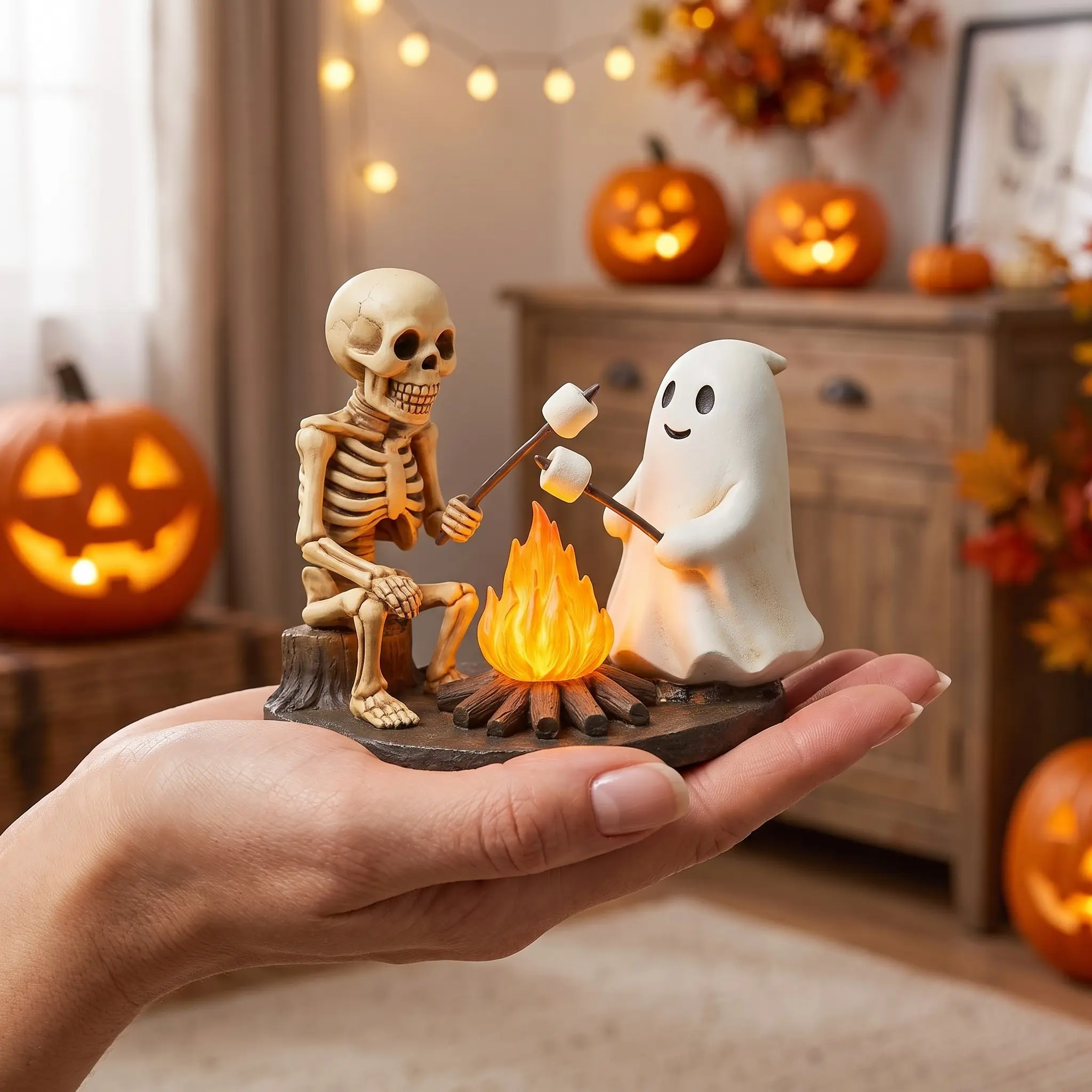 Resin Skeleton & Ghost Bonfire Lamp – Glowing Halloween Night Light for Desk & Shelf, Adults-Friendly Gothic Accent